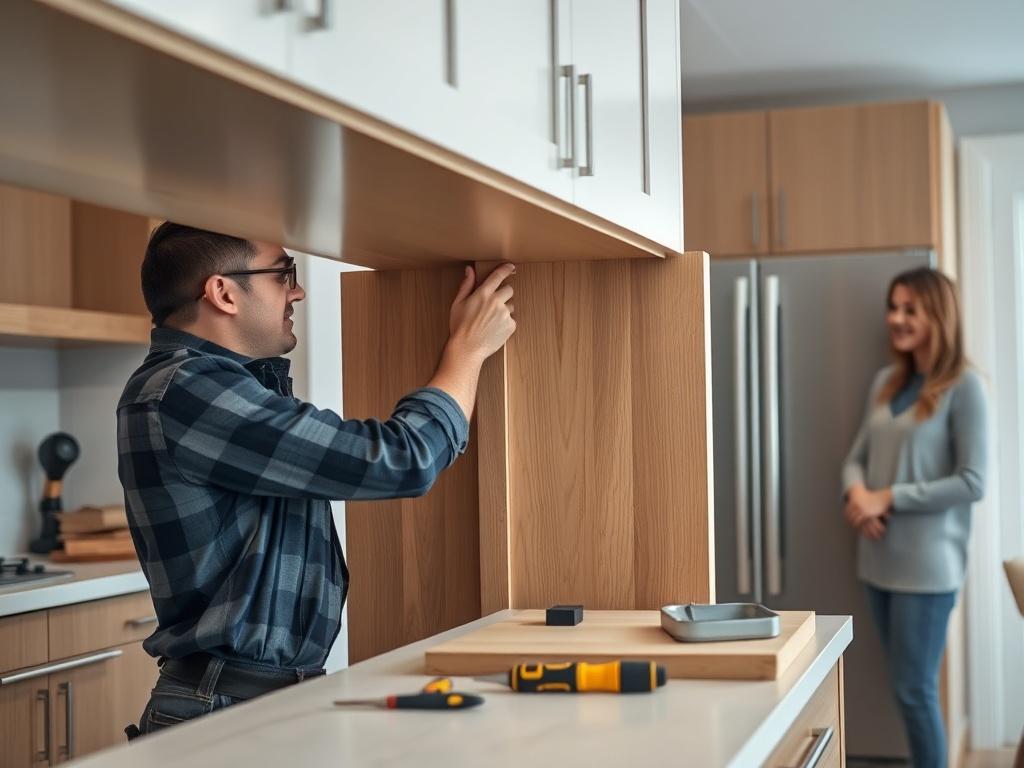 An image showing a professional installer carefully fitting a custom cabinet into place in a modern kitchen. The focus is on the precision of the installation, with tools and the cabinet clearly visible, and a satisfied homeowner in the background.