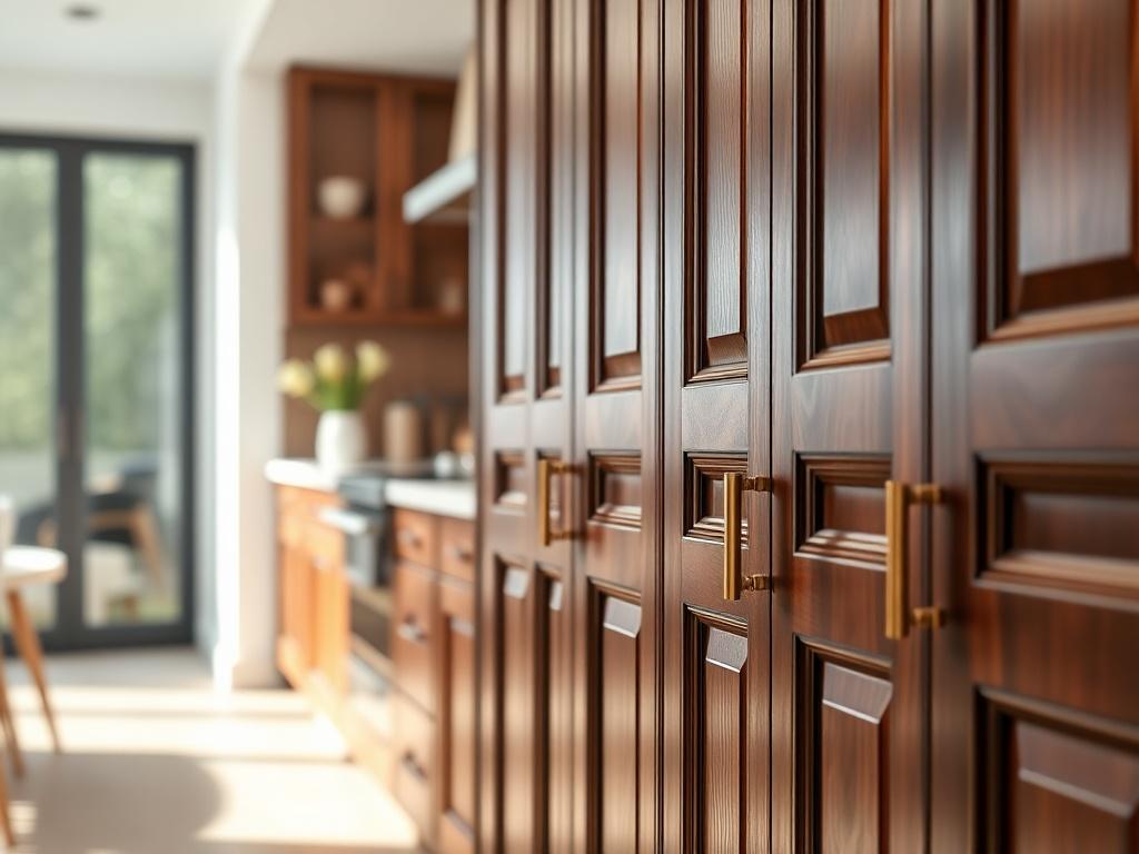 A beautifully crafted kitchen cabinet featuring rich, dark wood with intricate detailing. The cabinet doors are elegantly designed with brass handles, showcasing a modern yet timeless appeal. The background is a bright, airy kitchen space with soft natural light flooding in, highlighting the craftsmanship of the cabinetry. The focus is on the cabinet, with a shallow depth of field blurring the kitchen elements behind, creating an inviting atmosphere.