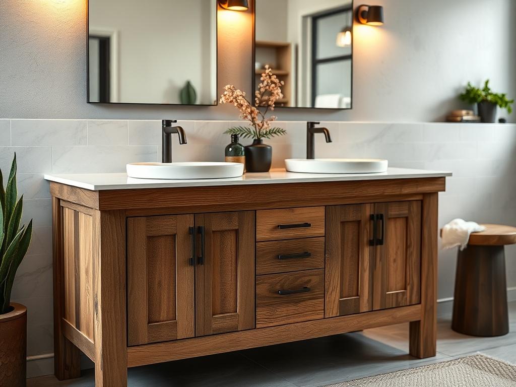 A stunning custom bathroom vanity made from reclaimed wood, featuring a double sink and a sleek quartz countertop. The vanity has an organic look with a rustic finish, complementing the modern bathroom decor. Soft lighting casts a warm glow on the vanity, enhancing the natural textures of the wood. The image captures the vanity in a well-decorated bathroom, with stylish fixtures and decorative plants, creating a serene and elegant space.