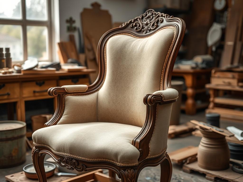 An exquisite antique chair undergoing restoration, showcasing the detailed craftsmanship involved in the process. The chair is partially stripped of its old upholstery, revealing the fine woodwork underneath. Tools and materials are neatly arranged around it, emphasizing the meticulous work of the restoration process. The background is a well-lit workshop environment, providing a glimpse into the artistry and dedication that goes into preserving furniture pieces.