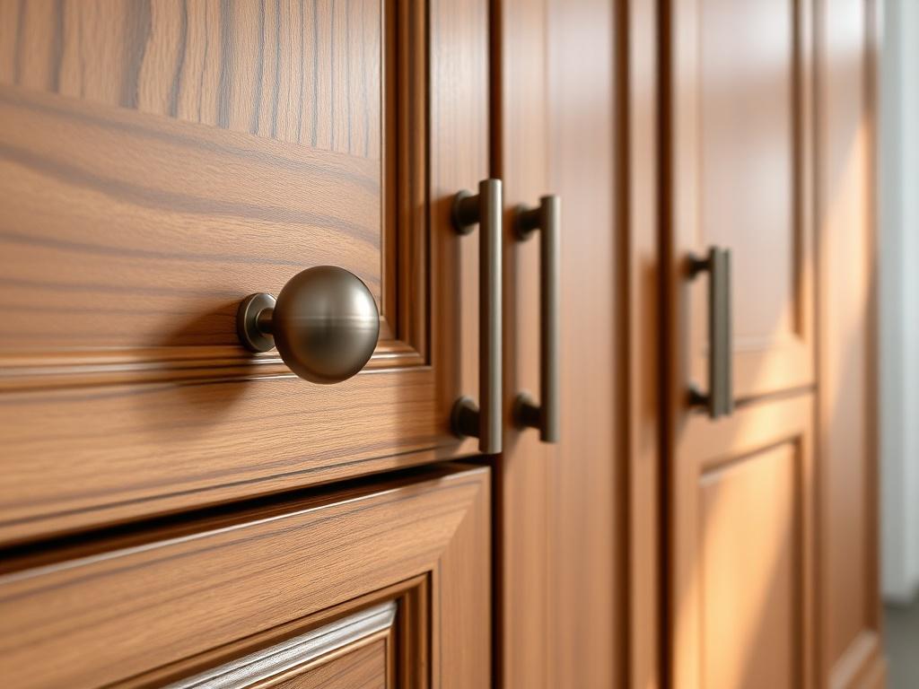 A hyper-realistic close-up shot of a beautifully crafted custom cabinetry piece, showcasing intricate wood grain details and elegant hardware. The cabinetry should be set against a minimalist background that highlights its craftsmanship, with soft natural lighting enhancing the warm tones of the wood.