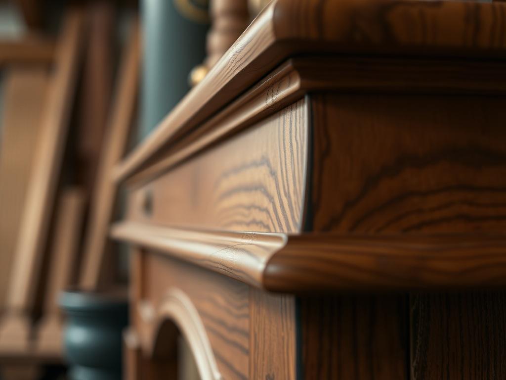 A hyper-realistic close-up shot of a custom woodwork piece, featuring intricate details and craftsmanship. The image should capture the richness of the wood, with a blurred background that emphasizes the artistry involved in the woodwork.