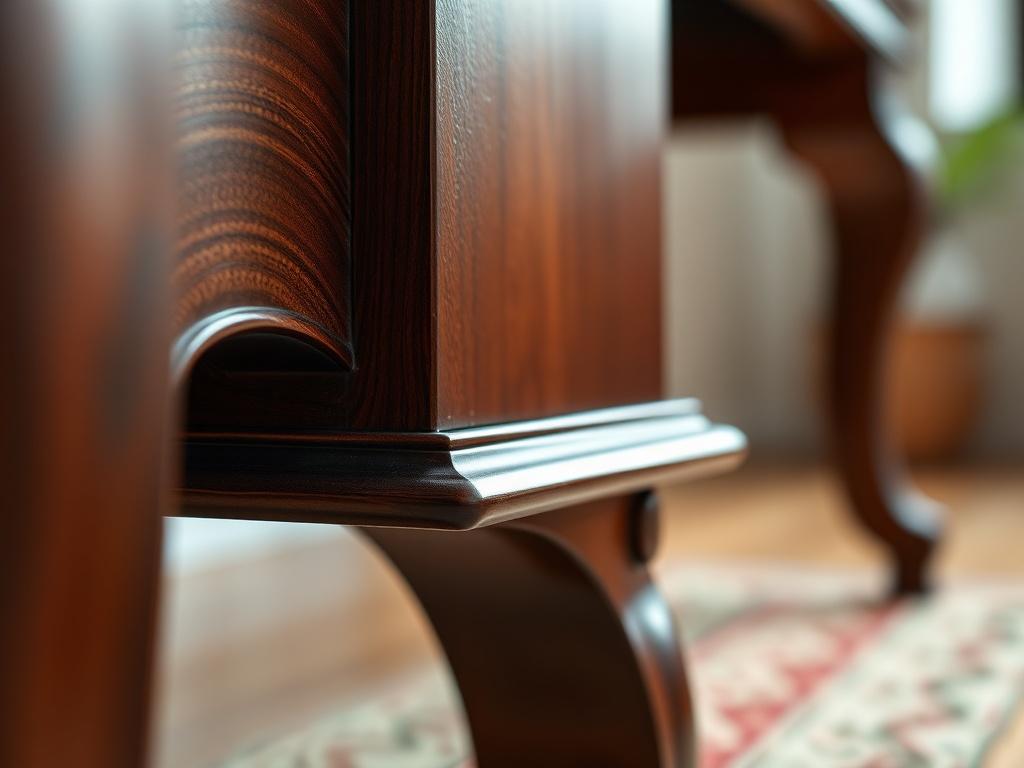A hyper-realistic close-up shot of a beautifully restored piece of furniture, showcasing rich wood textures and polished finishes. The background should be softly blurred to highlight the intricate details and craftsmanship of the restoration.