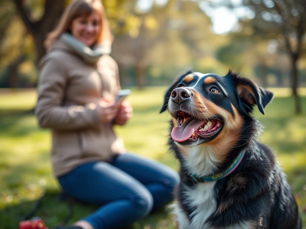 A close-up shot of a happy dog sitting attentively in a training session, with a trainer in the background giving commands. The setting is outdoors in a park, with trees and green grass. The dog looks eager and engaged, showcasing a strong bond with its owner. The image should have a warm and inviting feel, emphasizing the joy of training and companionship.