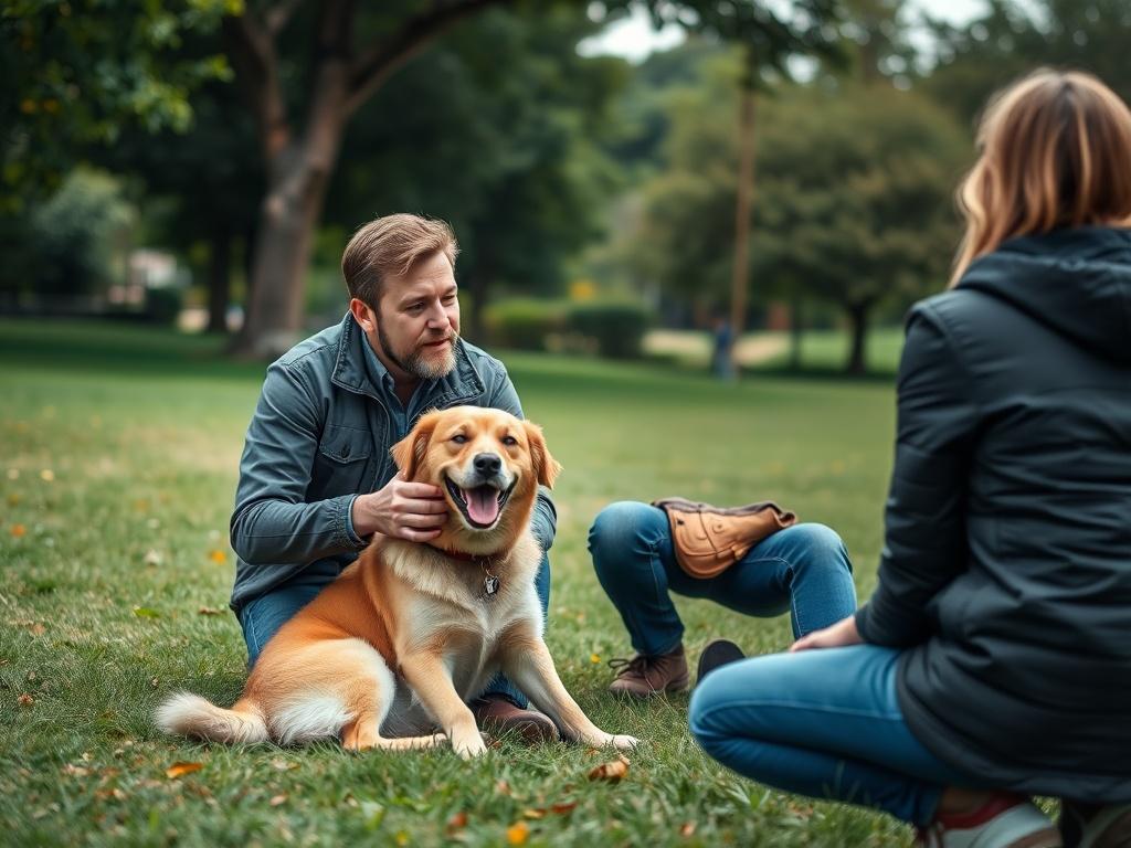 A close-up shot of a dog trainer sitting on the grass with a friendly dog, engaging in conversation with a dog owner. The background features a park setting with trees and greenery, creating a calm and inviting atmosphere. Shot with a 45mm f/1.2 lens style, focus on the interaction between the trainer and the dog.