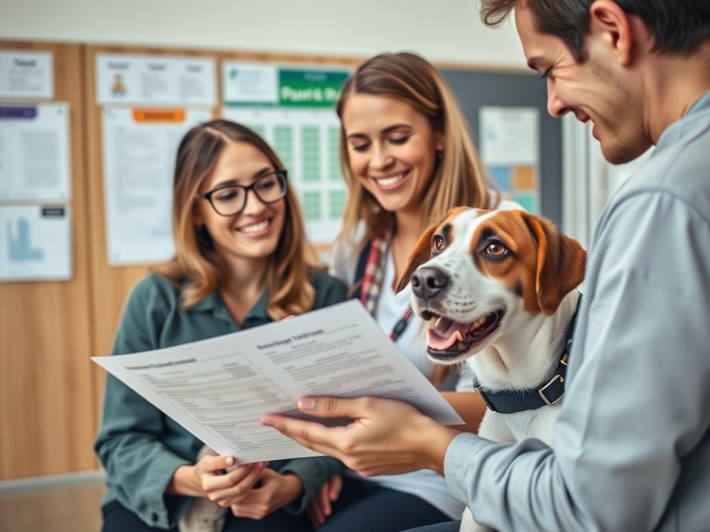 A close-up shot of a dog trainer reviewing a progress report with a happy dog owner, both smiling. The background shows a warm, welcoming training space, filled with charts and training materials, emphasizing a supportive environment. Shot with a 45mm f/1.2 lens style.