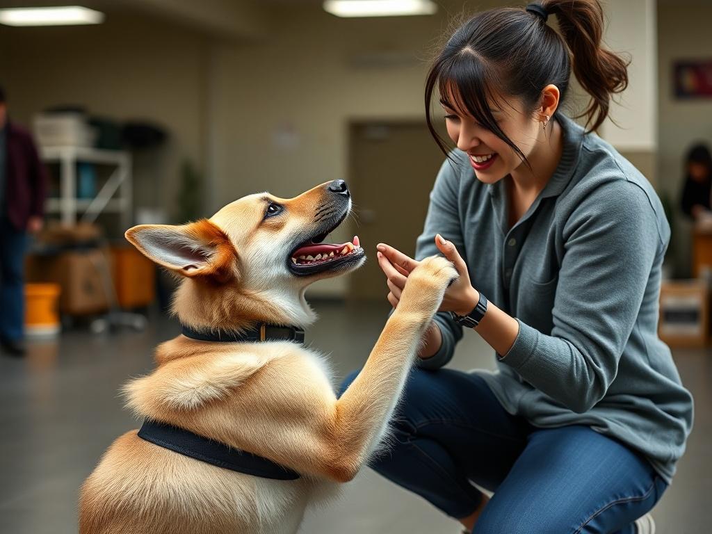 A close-up shot of a dog trainer demonstrating a training exercise with a dog in a training area, showcasing the bond between them. The background highlights training equipment and a positive learning environment, emphasizing engagement and activity. Shot with a 45mm f/1.2 lens style.