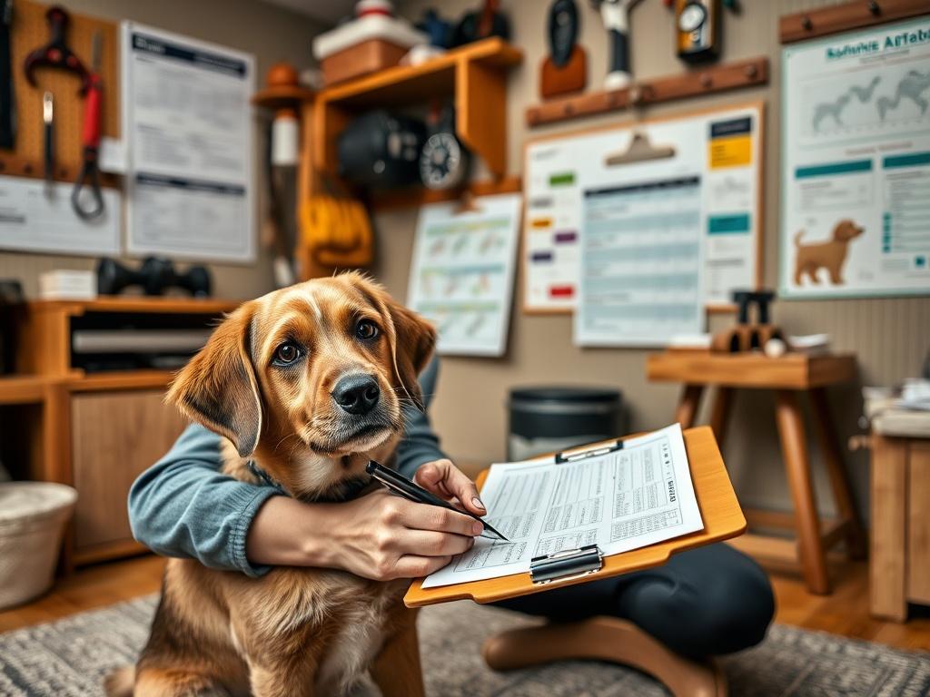 A close-up shot of a dog trainer writing a customized training plan on a clipboard, with a dog sitting attentively beside them. The setting is a cozy training room filled with dog training tools and charts, creating an educational and focused atmosphere. Shot with a 45mm f/1.2 lens style.