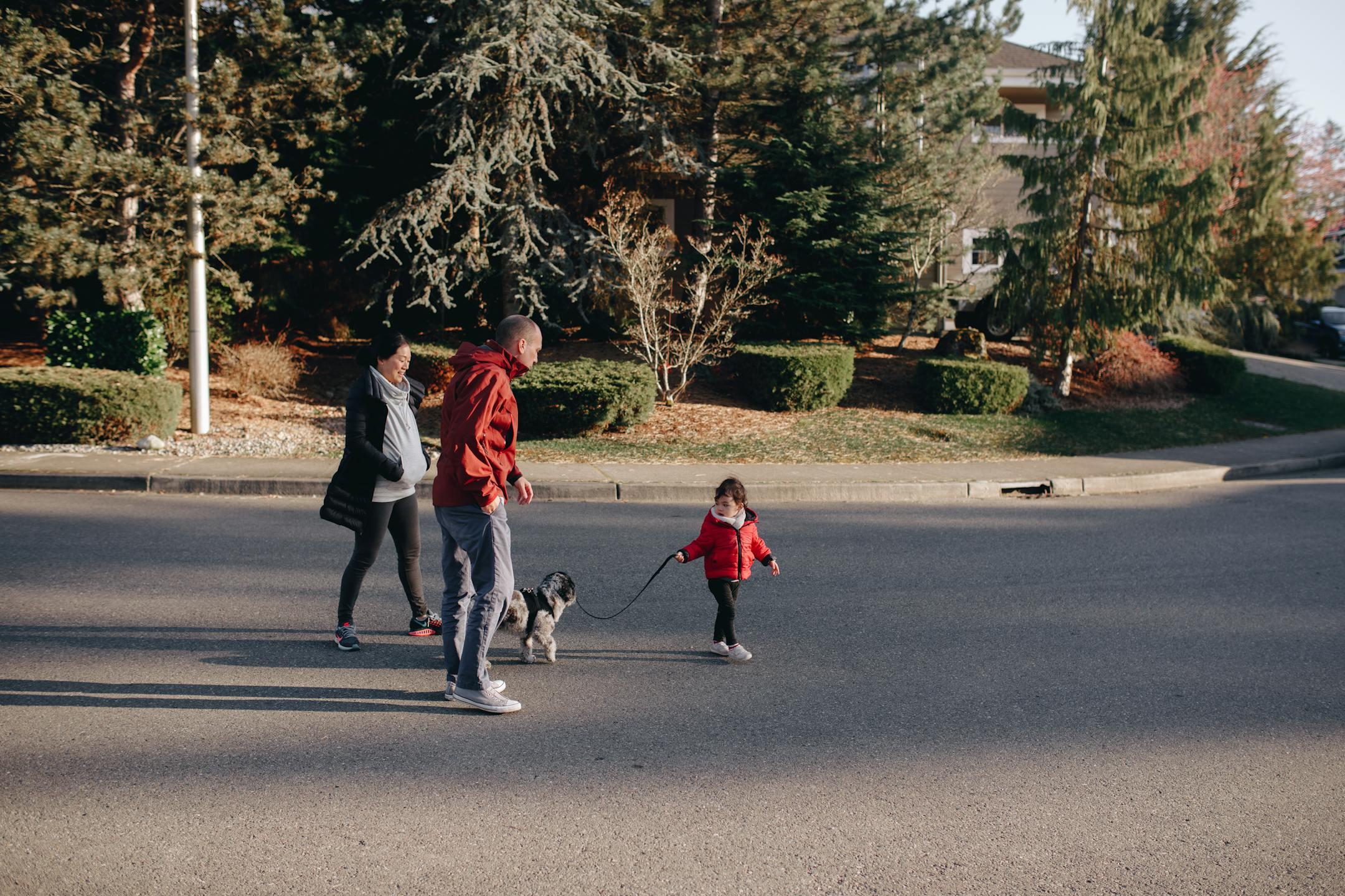 Family enjoying a sunny day walk with their dog in a suburban neighborhood.