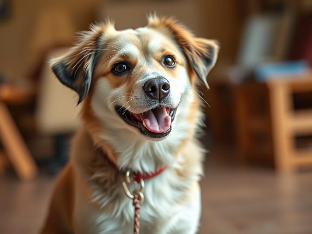 A close-up shot of a happy dog sitting attentively while looking at its trainer. The background is softly blurred to emphasize the dog's expression of eagerness and trust. The lighting is warm and inviting, capturing the bond between the dog and trainer. The image should reflect a realistic high-resolution style, shot with a 45mm f/1.2 lens.