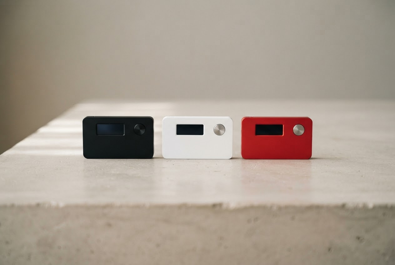 A lineup of compact hardware wallets in different colors
