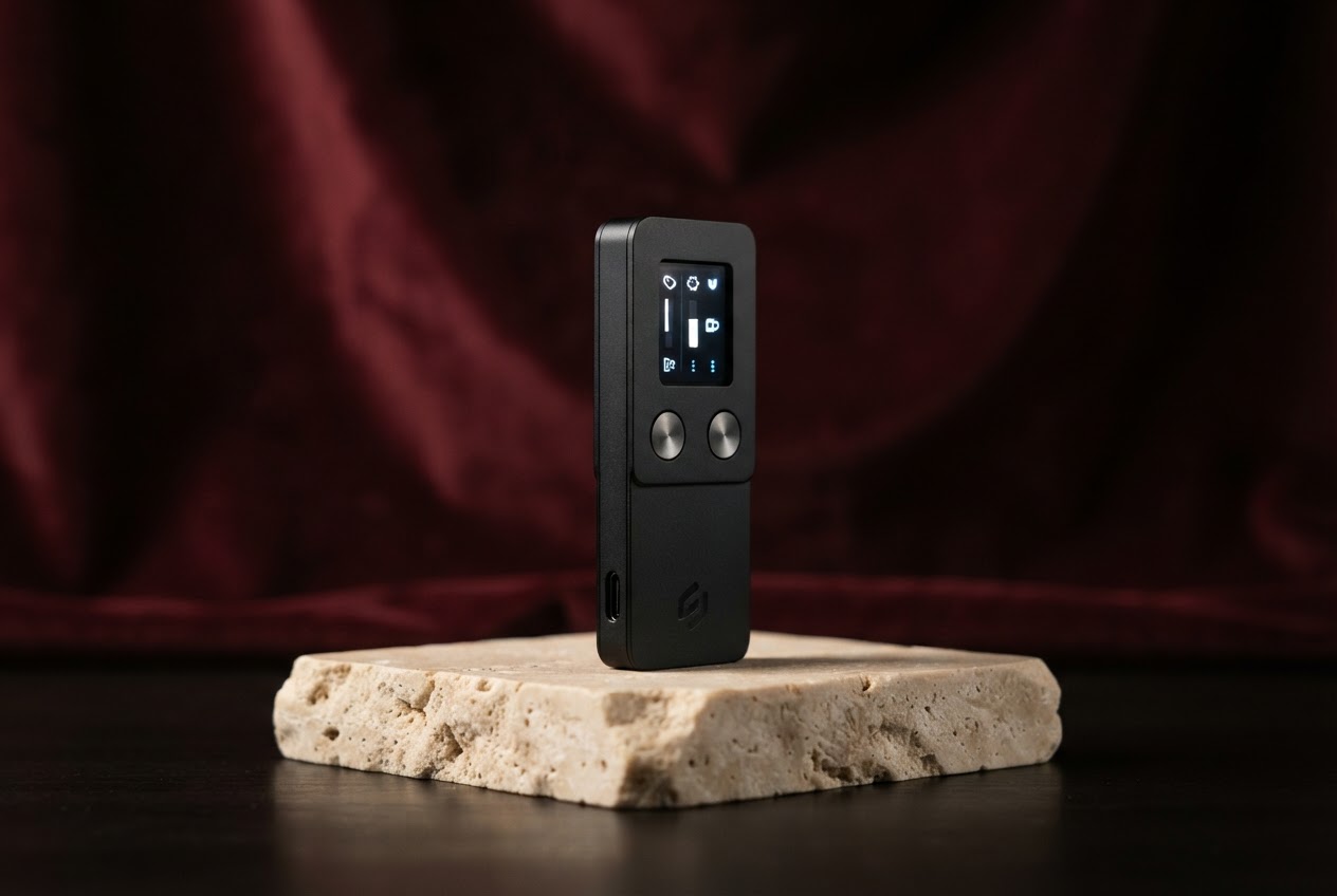 Trezor-style hardware wallet on an illuminated studio plinth