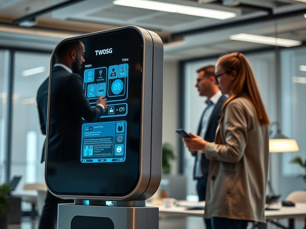 A hyper-realistic close-up shot of a sleek, modern AI interface in an office environment. The AI unit stands prominently, with employees interacting with it. The background features a contemporary office setting with soft lighting, emphasizing productivity and collaboration. Shot with a 45mm f/1.2 lens, focusing on the interaction between the employees and the AI.