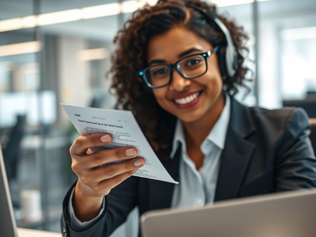 A hyper-realistic close-up shot of an employee interacting with SAVANAH AI, receiving a document output in real-time. The office background should reflect a modern workspace with a focus on technology. The image should capture the moment of satisfaction as the document is generated, showcasing the AI's efficiency.