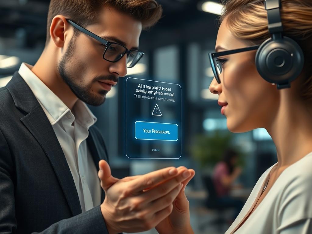 A hyper-realistic close-up shot of an employee engaging with SAVANAH AI, inquiring about a project detail. The AI interface shows a glowing response, indicating it’s processing the question. The office setting should convey a high-tech atmosphere, emphasizing innovation and collaboration.