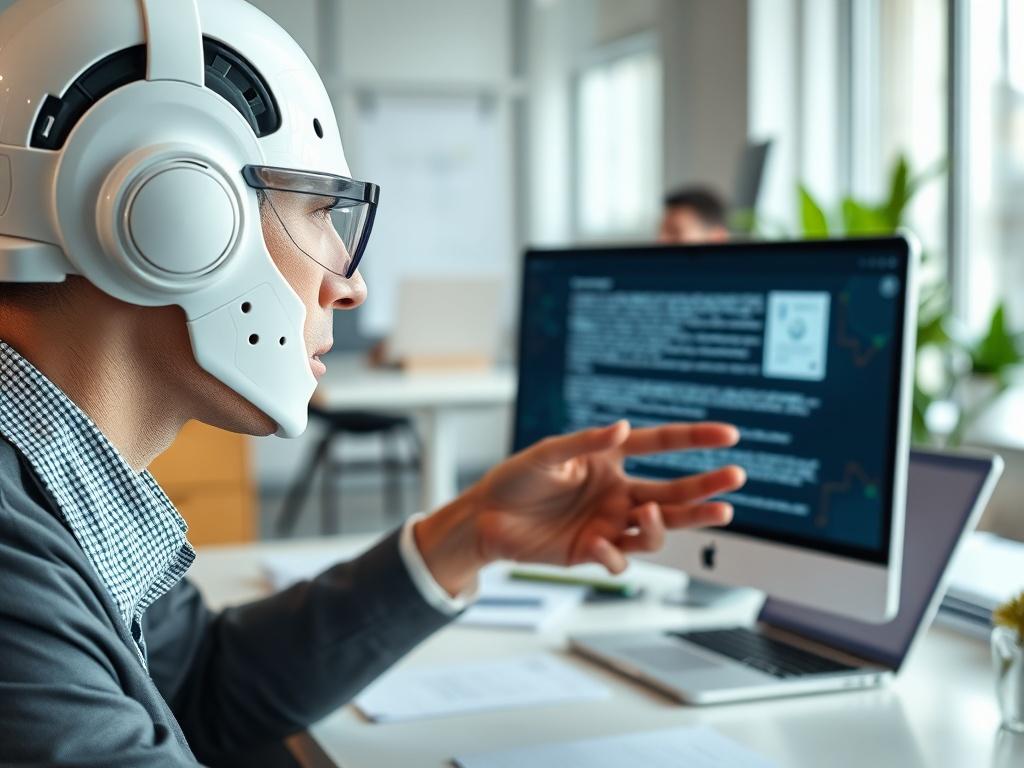 A close-up of an employee interacting with a sophisticated AI assistant, with a document being generated on a digital screen. The office background is modern and organized, with elements like a laptop and plants subtly visible. The focus is on the AI assistant and the screen displaying the document.