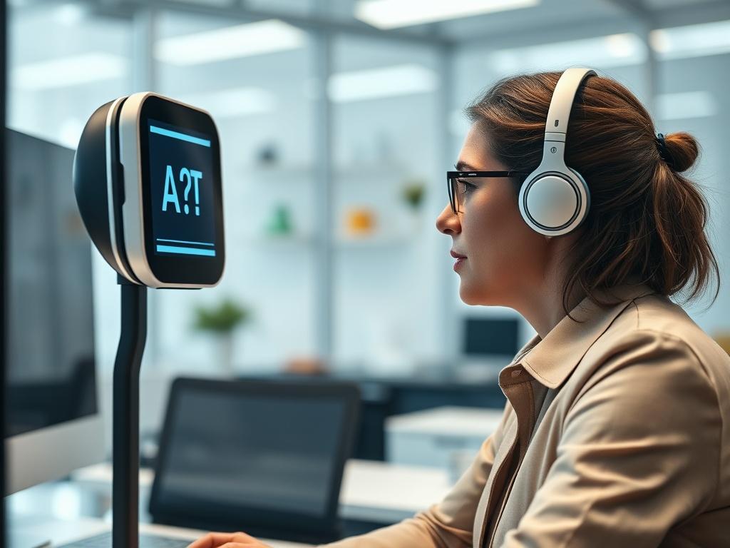 A close-up shot of an employee asking a question to a modern AI assistant in an office setting. The AI display shows a dynamic response, with the employee appearing engaged and curious. The background is professional, featuring a clean desk and office decor.