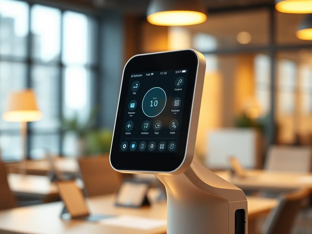 A close-up shot of a sleek, modern AI assistant device in an office environment, showcasing its interactive interface. The background is softly blurred to emphasize the device, with warm office lighting creating an inviting atmosphere. The device should look futuristic yet approachable, designed for employee interactions.