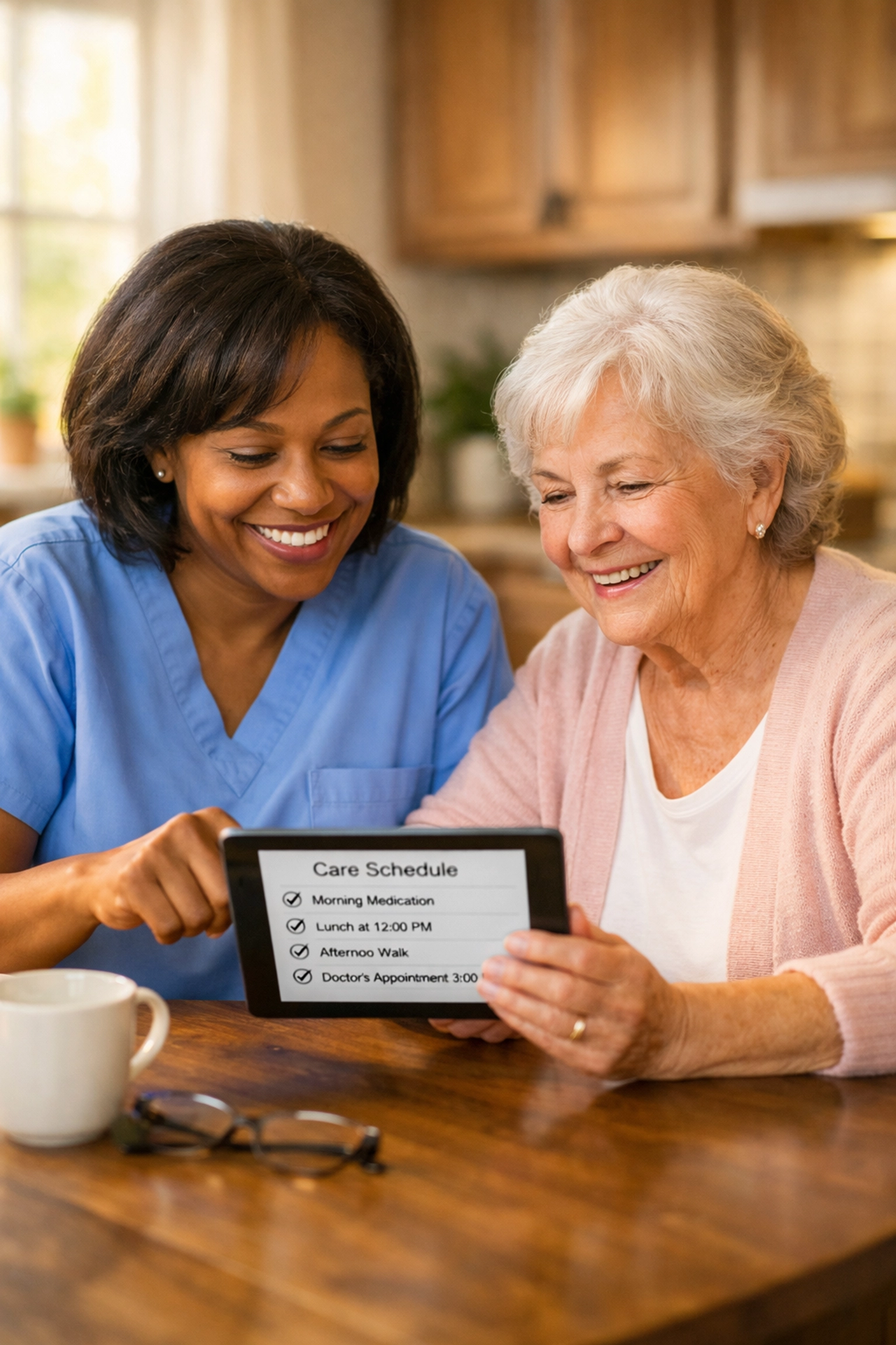 Caring caregiver with client