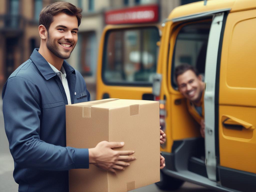 A close up shot of a delivery professional handing over
