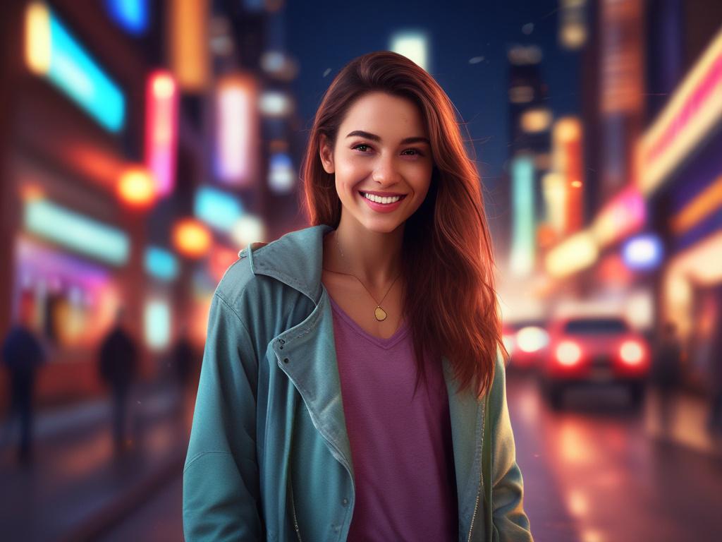 A stunning young woman with a radiant smile, dressed in