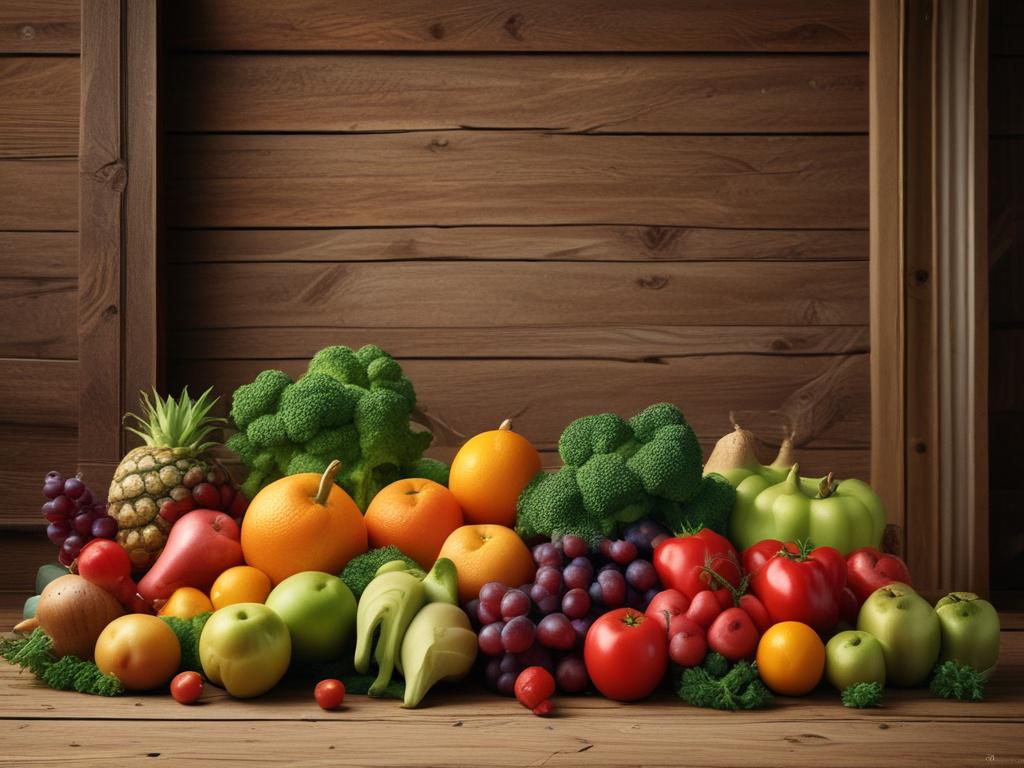 A vibrant assortment of fresh fruits and vegetables displayed on a rustic wooden table, with soft golden lighting highlighting the freshness of the produce.
