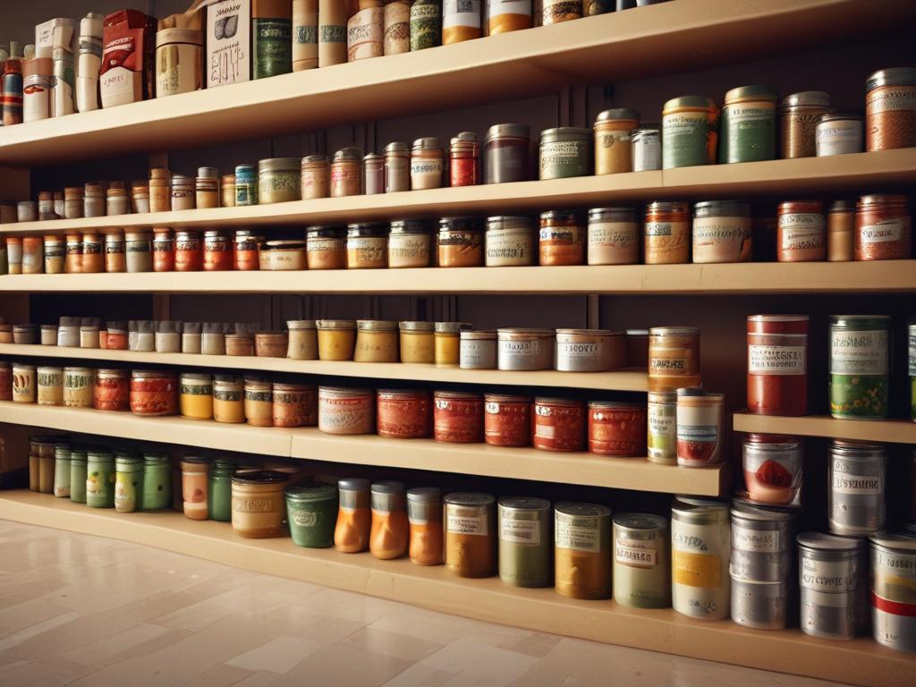 A neatly organized shelf filled with various grocery items such as grains, sauces, and canned goods, illuminated by soft, warm lighting.