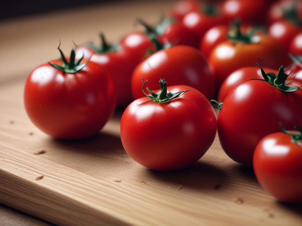 a close-up shot of fresh organic tomatoes on a wooden cutting board, hyper-realistic, natural lighting, simple background.