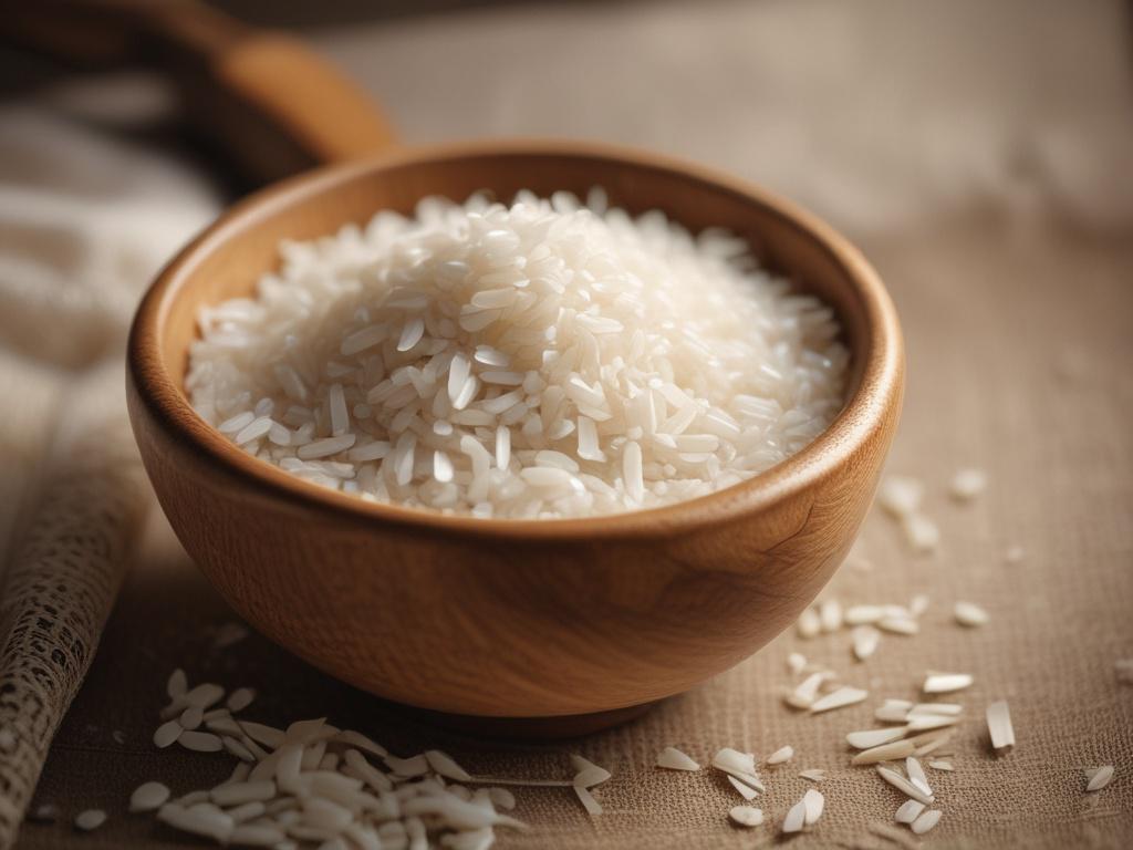 a close-up shot of high-quality rice grains in a rustic bowl, hyper-realistic, natural lighting, simple background.