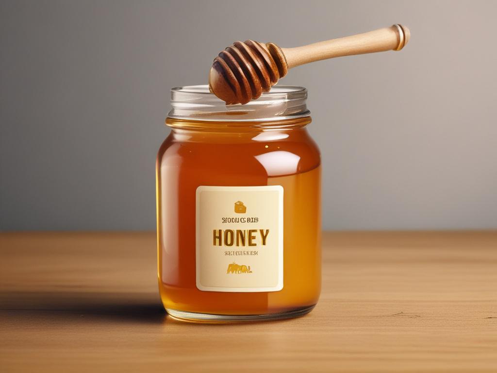 a close-up shot of a jar of locally sourced honey with a honey dipper, hyper-realistic, natural lighting, simple background.