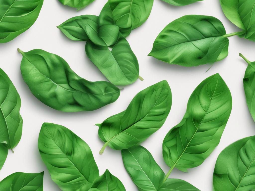 a close-up shot of fresh basil leaves, vibrant green color, hyper-realistic, shot with a 45mm f/1.2 lens, simple white background
