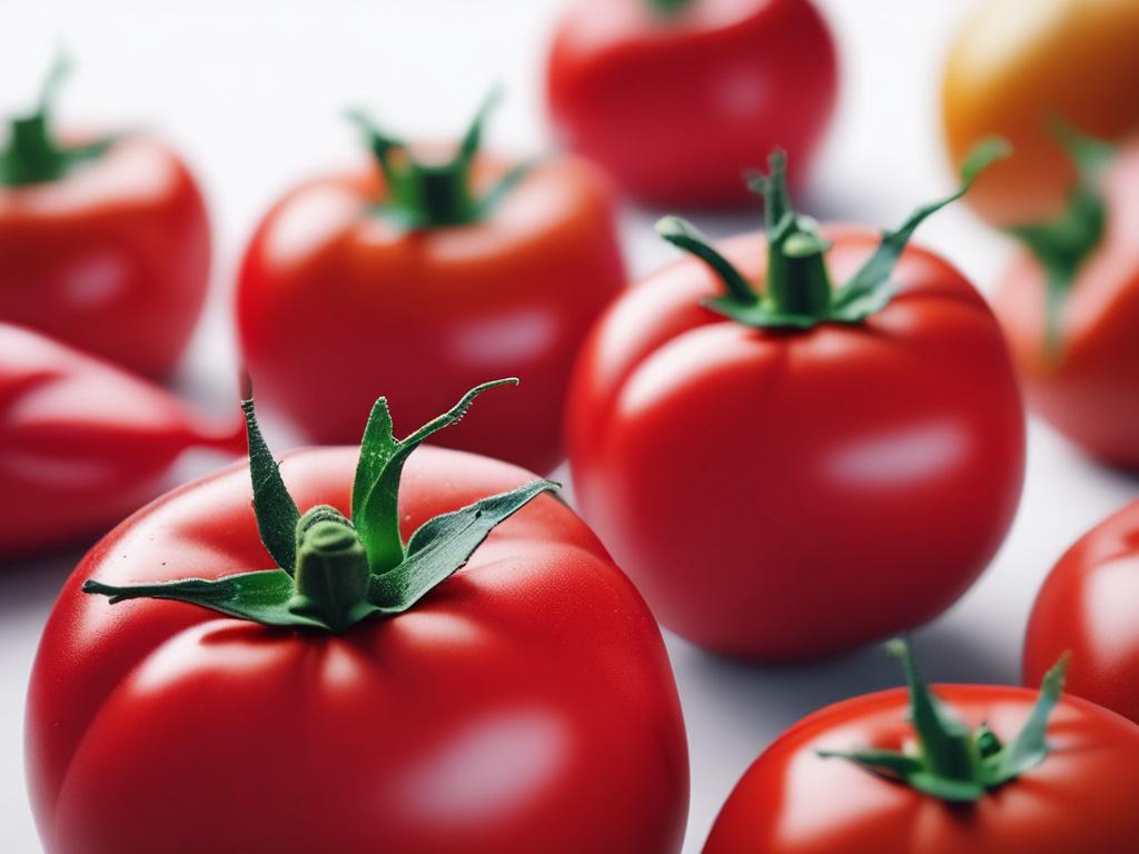 a close-up shot of fresh organic tomatoes, vibrant red color, hyper-realistic, shot with a 45mm f/1.2 lens, simple white background