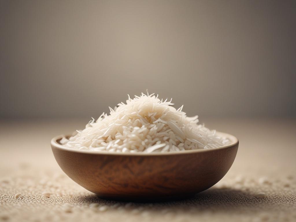 Close-up shot of organic rice grains in a clean bowl, natural light emphasizing the texture, hyper-realistic details, 45mm f/1.2 lens style.