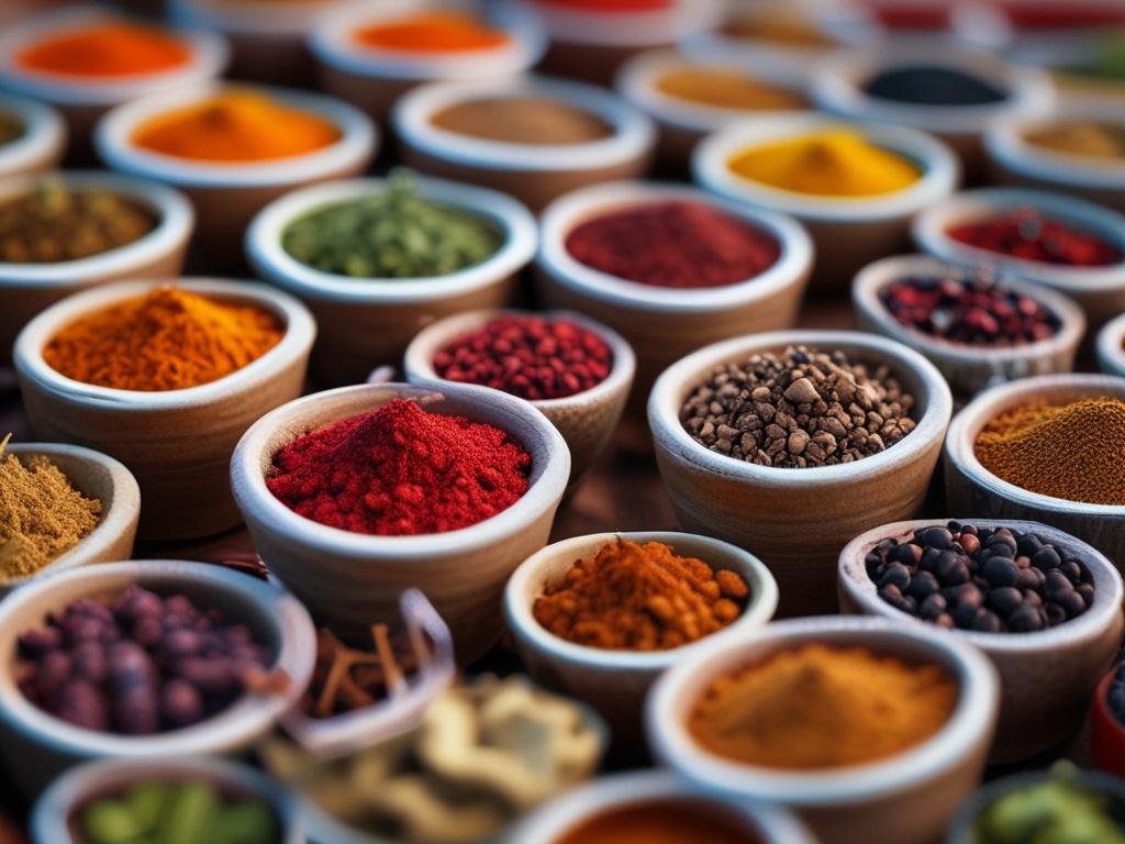 Close-up shot of various spices in small bowls, vibrant colors showcasing the diversity, hyper-realistic details, 45mm f/1.2 lens style.