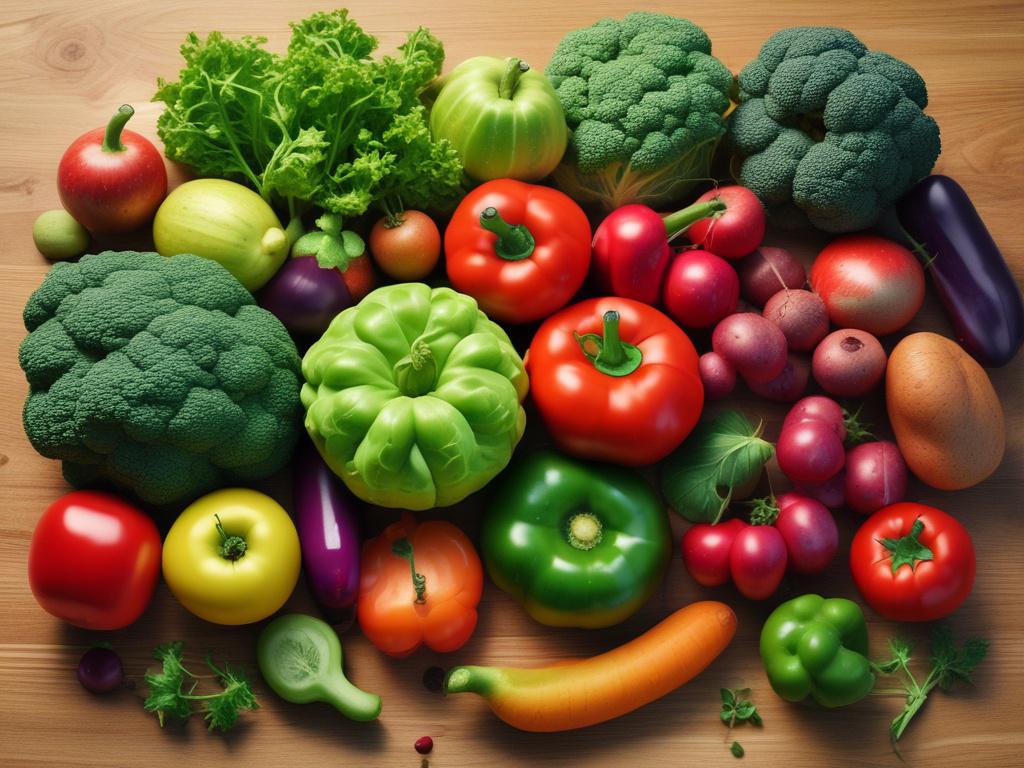 A vibrant close-up shot of fresh vegetables and fruits arranged beautifully on a wooden table. The image showcases a variety of colors, with a focus on green produce, highlighting freshness. The background is softly blurred, emphasizing the food items in the foreground. Shot with a 45mm f/1.2 lens for a hyper-realistic effect.