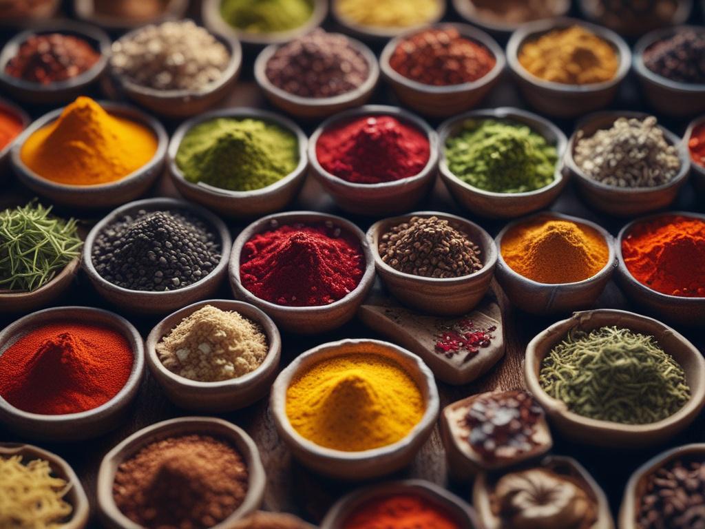 close-up shot of various spices in bowls, vibrant colors, realistic textures, hyper-realistic, shot with a 45mm f/1.2 lens style, rgb(50, 170, 39) background