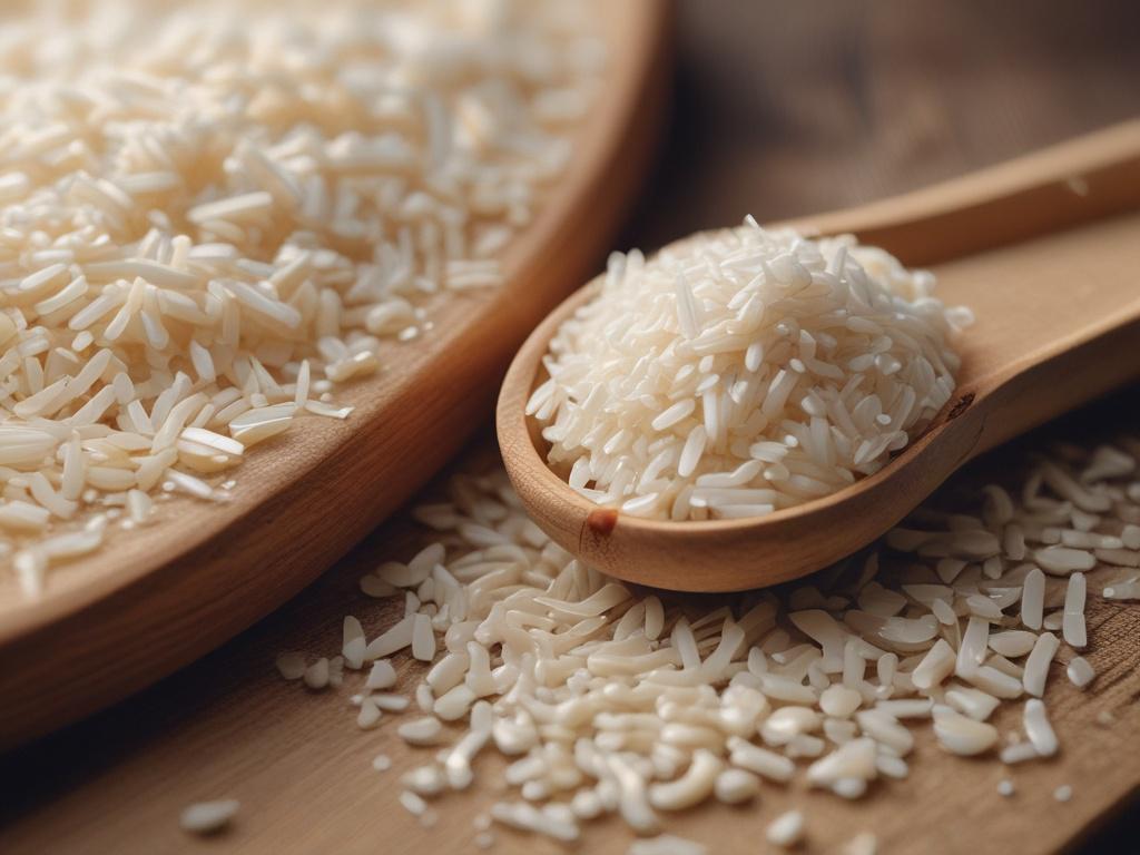 close-up shot of high-quality rice grains, realistic texture, soft natural lighting, hyper-realistic, shot with a 45mm f/1.2 lens style, rgb(50, 170, 39) background