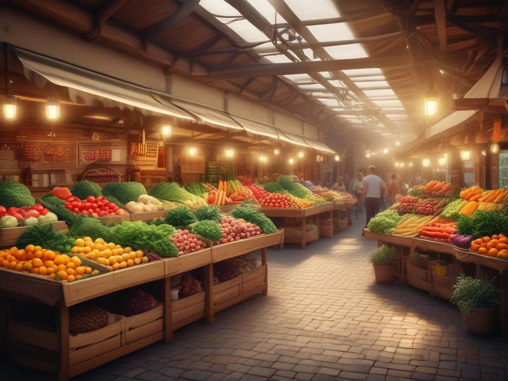 A cozy food market scene with fresh produce, vibrant colors, soft golden lighting, a serene atmosphere, and a single focus on a basket of fresh fruits and vegetables.