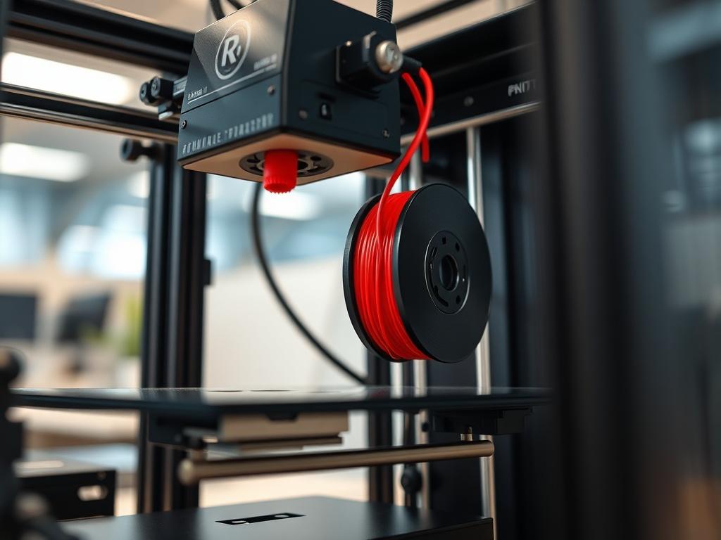 A close-up shot of a 3D printer in action, showcasing intricate details of the printing process, with a focus on a vibrant red filament being fed into the printer. The background should be softly blurred to emphasize the printer, and the lighting should be bright and inviting, reflecting a professional workspace. The image should evoke a sense of innovation and efficiency.