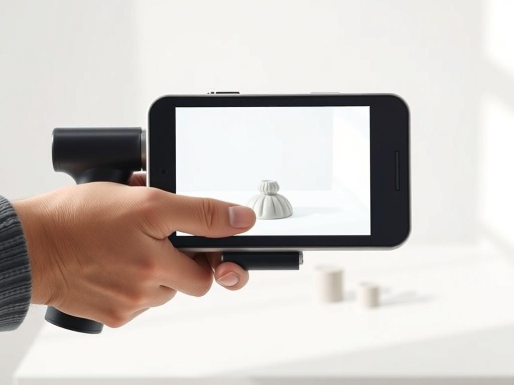 A handheld 3D scanner being held by a person, capturing the details of an object in a bright, well-lit environment. The scanner should be sleek and modern, with a focus on the scanning process. The background should be minimalistic, showcasing a simple table with a small model on it, emphasizing the scanner's functionality. The overall composition should be clean, highlighting the scanner as the main subject.