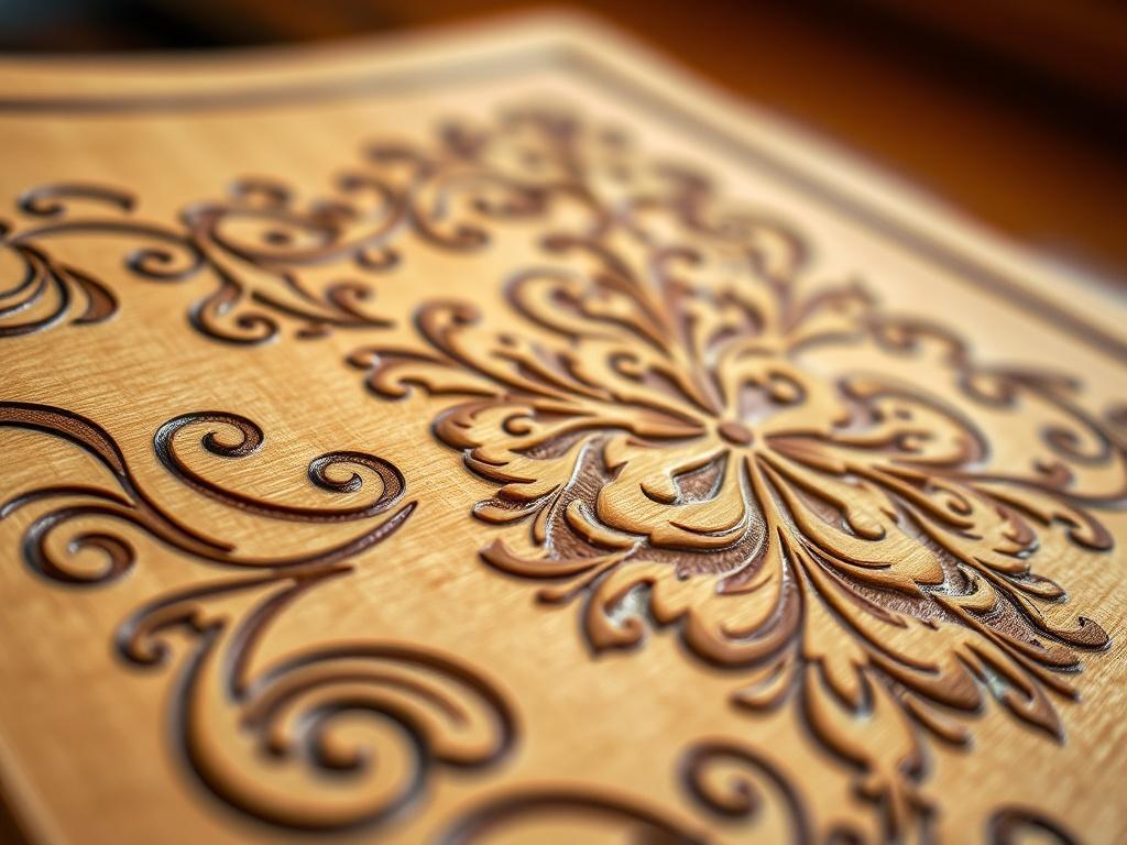 A close-up shot of a beautifully engraved wooden panel showcasing intricate designs. The focus is on the detailed engraving, highlighting the precision of the laser work. The background is softly blurred to emphasize the craftsmanship of the engraving. The image exhibits warm tones, with the engravings contrasting against the natural wood color. The composition is simple and clear, showcasing only the engraved panel.