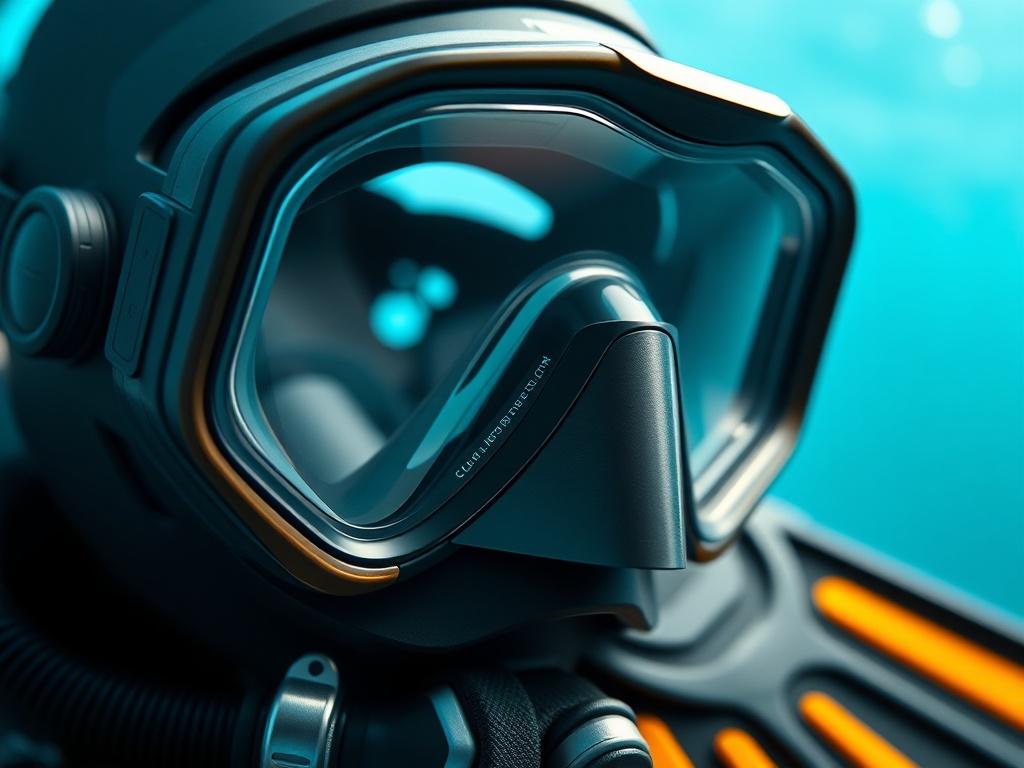 A close-up shot of custom 3D printed diving equipment, focusing on a uniquely designed diving mask and fins. The background should be simple and clean, highlighting the intricate details of the equipment. The lighting should emphasize the textures and colors of the 3D printed materials, with a hint of underwater ambiance.