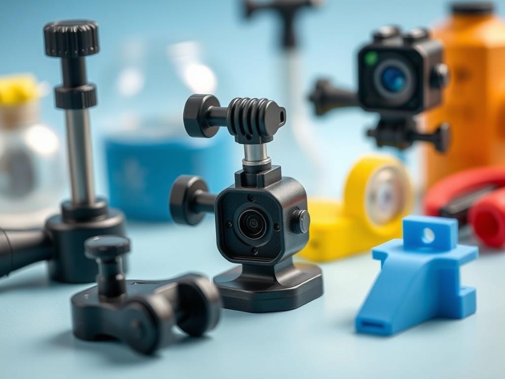 A close-up shot of various personalized 3D printed dive accessories, such as a dive tool holder and a camera mount. The background should be subtle, focusing on the detail and creativity of the accessories. The lighting should bring out the colors and designs, making the items visually appealing.