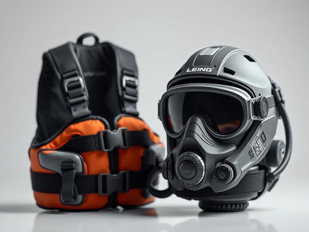 A close-up shot showcasing a variety of 3D printed safety gear for divers, including a buoyancy aid and a protective helmet. The background should be minimalistic, concentrating on the gear's features and textures. The lighting should highlight the durability and design of the equipment, evoking a sense of safety and innovation.
