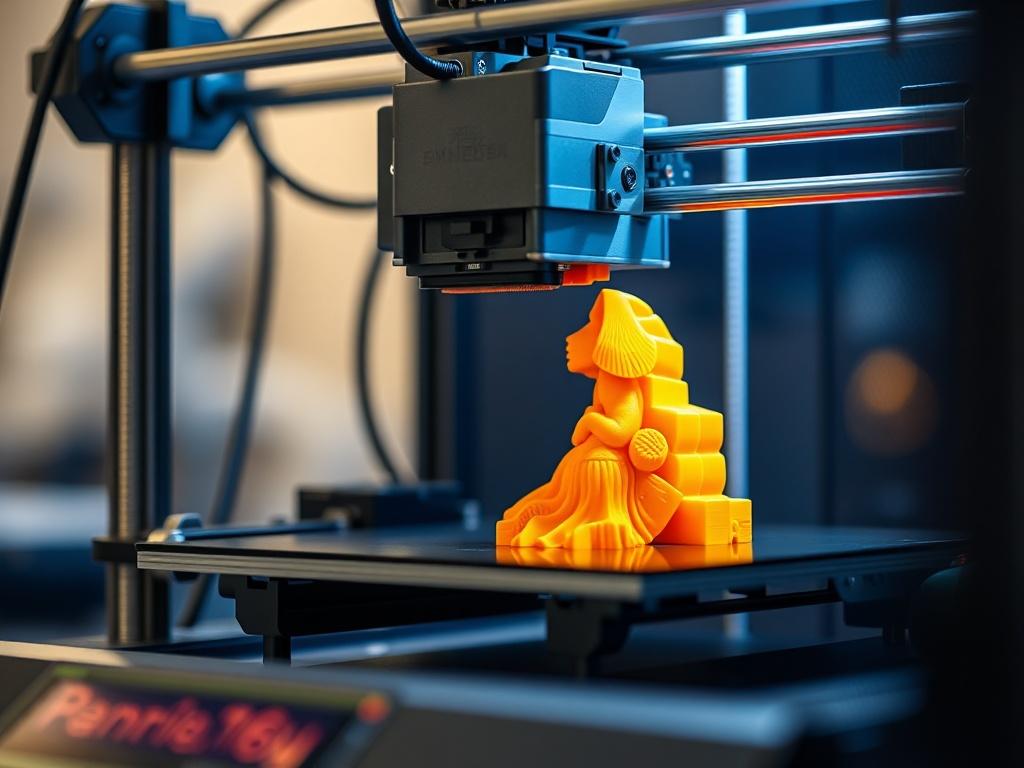 A close-up shot of a 3D printer in action, showcasing a vibrant, colorful prototype being printed. The background is blurred to emphasize the printer and the intricate details of the model coming to life. The image should capture the excitement and innovation of 3D printing, with realistic textures and a focus on the material being used.