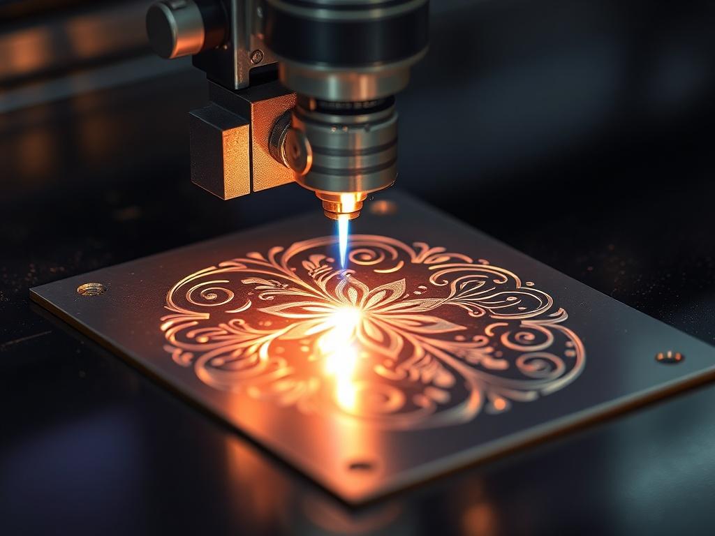 A hyper-realistic close-up shot of a laser engraving machine in action, precisely engraving intricate designs into a sheet of metal. The background should be softly blurred to emphasize the detailed engraving process, showcasing shiny metallic textures and the focused beam of the laser. The image should capture the precision and artistry involved in the laser engraving process.