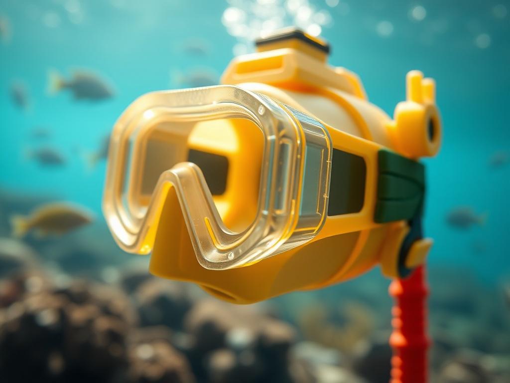 A close-up shot of a 3D printed diving accessory, showcasing intricate details and textures, set against a blurred underwater background that highlights the vibrant marine life. The accessory should be the only subject in focus, capturing the essence of diving equipment. The lighting should accentuate the colors and contours of the product, with a soft blue hue reflecting the underwater environment. The image should be realistic and hyper-realistic, shot with a 45mm f/1.2 lens style.