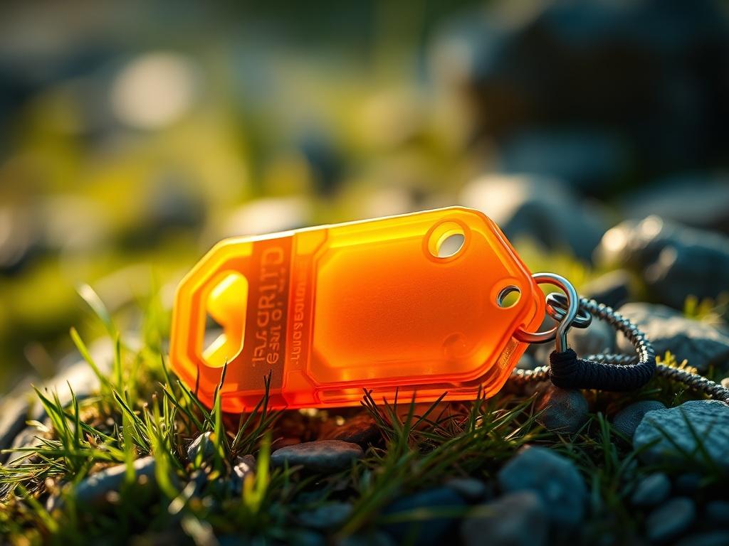 A close-up shot of a 3D printed adventure gear item, such as a camping tool or accessory, displayed on a natural outdoor surface like grass or rocks. The focus should be on the product's details, with a blurred natural setting in the background. The lighting should enhance the colors and textures of the item, creating a warm and inviting atmosphere. The image should be hyper-realistic, shot with a 45mm f/1.2 lens style, emphasizing the practicality of the gear for adventurers.