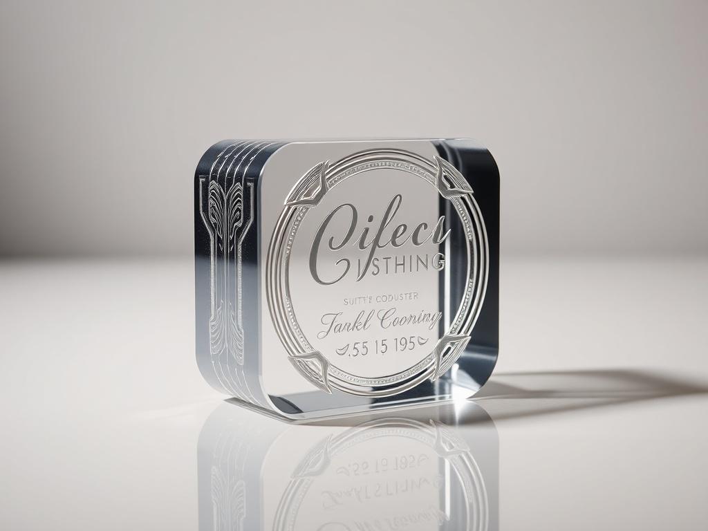 A close-up shot of a custom-designed 3D printed item, such as a personalized gift or trophy, with intricate laser engravings. The background should be a simple, elegant surface that highlights the product's details. The lighting should create dramatic shadows and highlights, showcasing the craftsmanship of the item. The image should be realistic and hyper-realistic, shot with a 45mm f/1.2 lens style, emphasizing the uniqueness of the custom design.