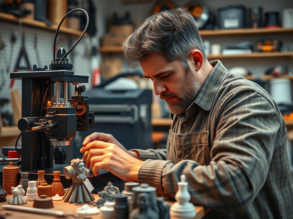 A close-up shot of a skilled artisan working on a 3D printing project in a workshop. The artisan is focused on adjusting a 3D printer, surrounded by various materials and printed samples. The background is a well-organized workshop with tools and equipment, providing a sense of craftsmanship and precision. The image should be hyper-realistic, emphasizing the intricate details of the artisan's hands and the machinery.